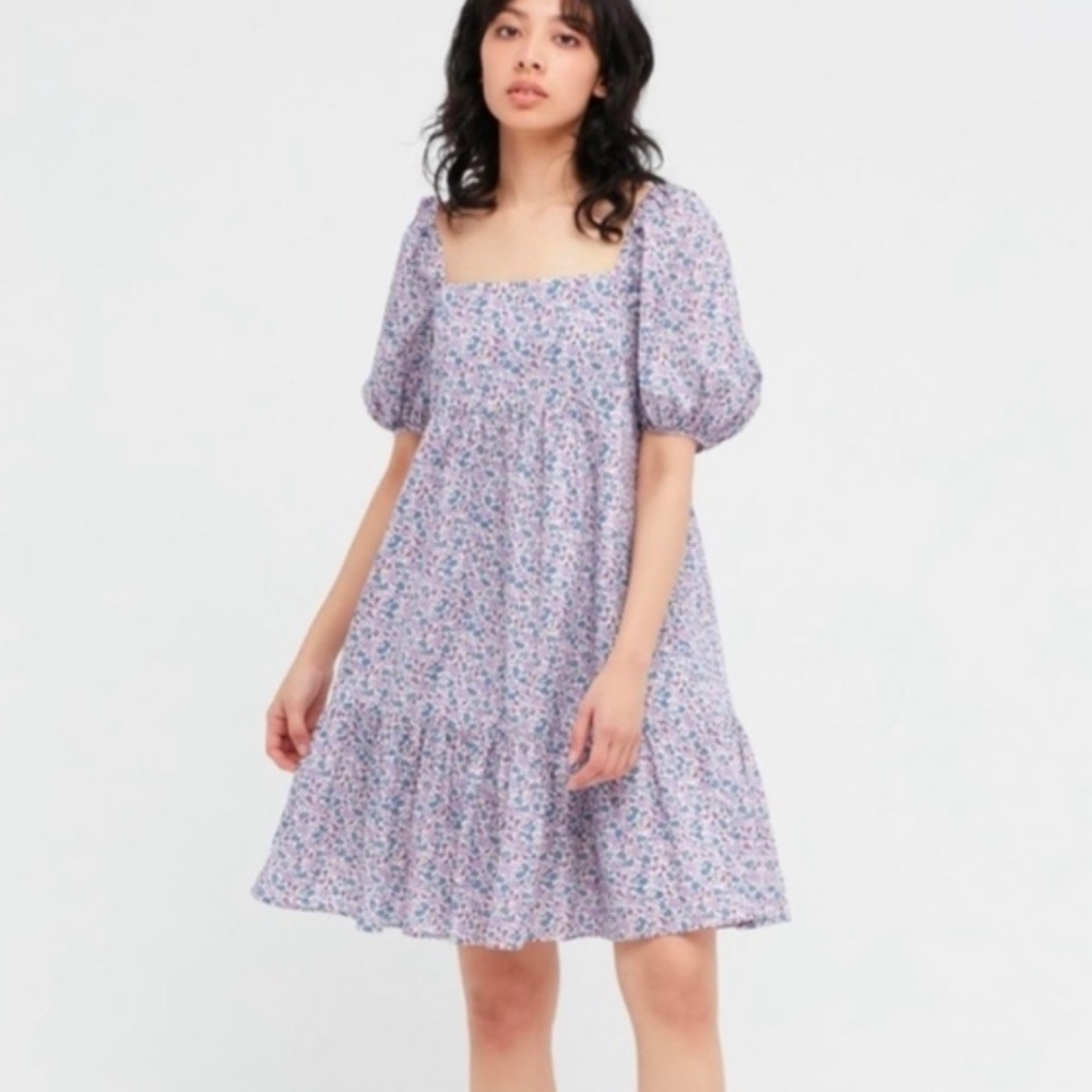 Uniqlo Square Neck Mini Ruffle Tiered Purple Floral Puff Sleeve Dress - Picture 10 of 10